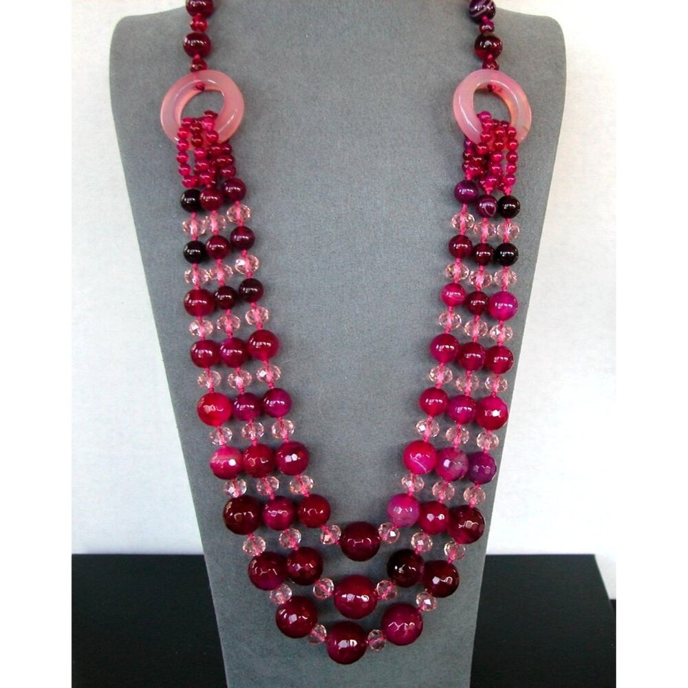 Vintage Multi-Strand Pink Agate Beaded Necklace With Spring Ring Clasp
